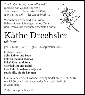 Traueranzeige von Käthe Drechsler von Super Sonntag Zeitz