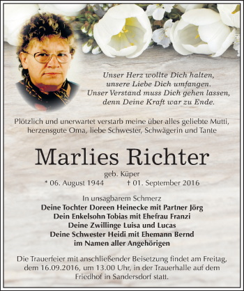 Traueranzeige von Marlies Richter von Mitteldeutsche Zeitung Bitterfeld