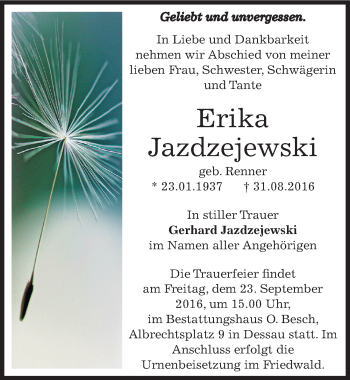 Traueranzeige von Erika Jazdzejewski von Mitteldeutsche Zeitung Dessau-Roßlau
