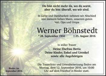 Traueranzeige von Werner Böhnstedt von Mitteldeutsche Zeitung Quedlinburg