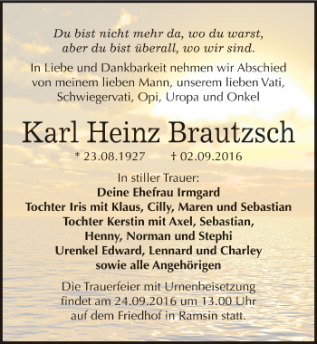 Traueranzeige von Karl Heinz Brautzsch von Mitteldeutsche Zeitung Bitterfeld