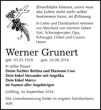 Traueranzeige von Werner Grunert von Mitteldeutsche Zeitung Weißenfels