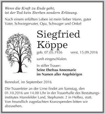 Traueranzeige von Siegfried Köppe von Mitteldeutsche Zeitung Mansfelder Land