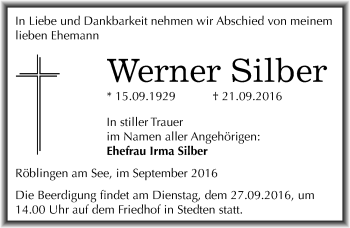 Traueranzeige von Werner Silber von Mitteldeutsche Zeitung Mansfelder Land