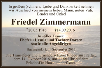 Traueranzeige von Friedel Zimmermann von Super Sonntag Aschersleben