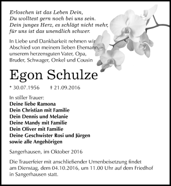 Traueranzeige von Egon Schulze von Mitteldeutsche Zeitung Sangerhausen
