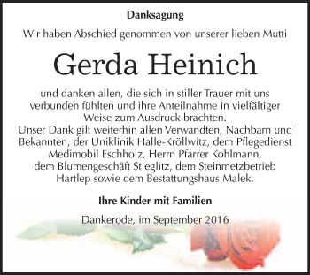 Traueranzeige von Gerda Heinich von WVG - Wochenspiegel Quedlinburg