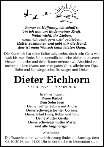 Traueranzeige von Dieter Eichhorn von Mitteldeutsche Zeitung Naumburg/Nebra