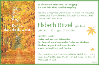 Traueranzeige von Elsbeth Ritzel von WVG - Wochenspiegel NMB / WSF / ZTZ
