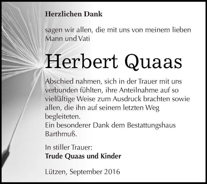  Traueranzeige für Herbert Quaas vom 28.09.2016 aus WVG - Wochenspiegel NMB / WSF / ZTZ