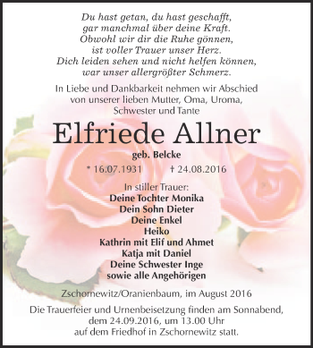 Traueranzeige von Elfriede Allner von WVG - Wochenspiegel Wittenberg