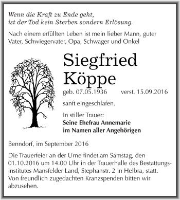Traueranzeige von Siegfried Köppe von WVG - Wochenspiegel Dessau / Köthen