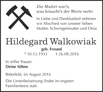 Traueranzeige von Hildegard Walkowiak von WVG - Wochenspiegel Bitterfeld