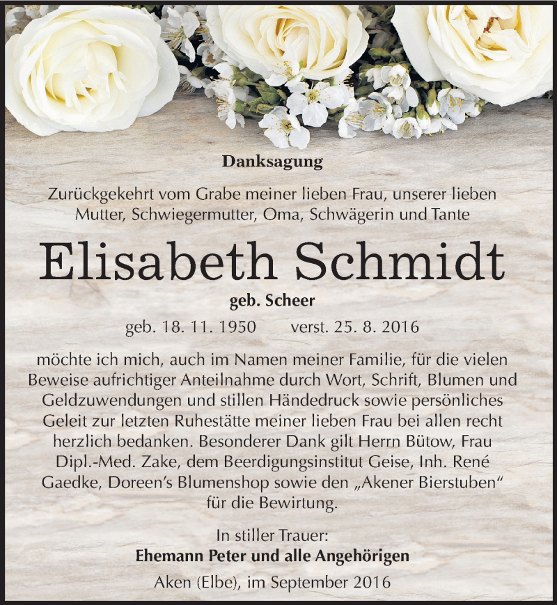  Traueranzeige für Elisabeth Schmidt vom 16.09.2016 aus Mitteldeutsche Zeitung Köthen