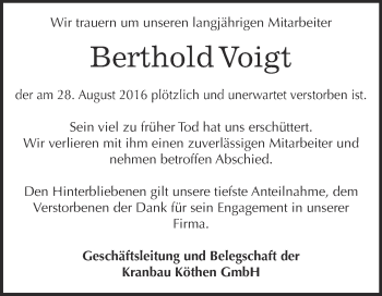 Traueranzeige von Berthold Voigt von Super Sonntag Dessau / Köthen