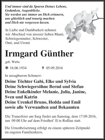 Traueranzeige von Irmgard Günther von WVG - Wochenspiegel Dessau / Köthen