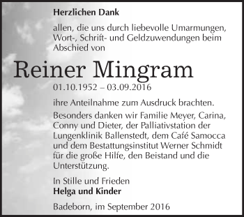 Traueranzeige von Reiner Mingram von WVG - Wochenspiegel Quedlinburg