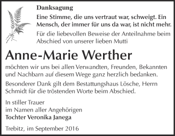 Traueranzeige von Anne-Marie Werther von WVG - Wochenspiegel Wittenberg