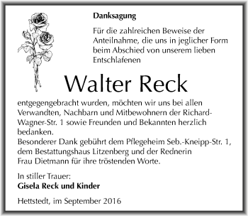 Traueranzeige von Walter Reck von Mitteldeutsche Zeitung Mansfelder Land