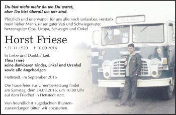 Traueranzeige von Horst Friese von Super Sonntag SGH Mansf. Land