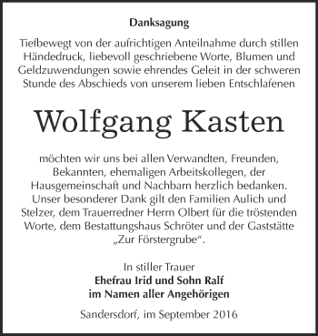 Traueranzeige von Wolfgang Kasten von WVG - Wochenspiegel Bitterfeld
