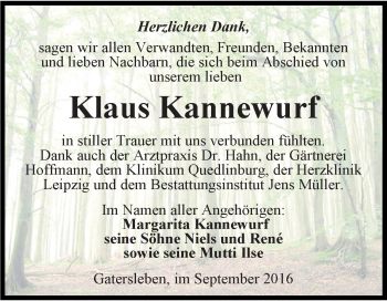 Traueranzeige von Klaus Kannewurf von Super Sonntag Aschersleben