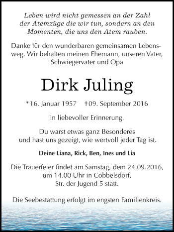 Traueranzeige von Dirk Juling von Super Sonntag Wittenberg