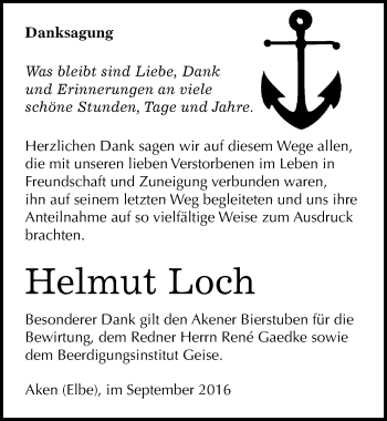 Traueranzeige von Helmut Loch von Mitteldeutsche Zeitung Köthen