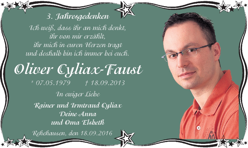  Traueranzeige für Oliver Cyliax-Faust vom 17.09.2016 aus Mitteldeutsche Zeitung Naumburg/Nebra