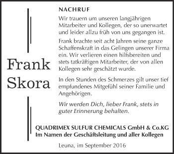 Traueranzeige von Frank Skora von WVG - Wochenspiegel Merseburg