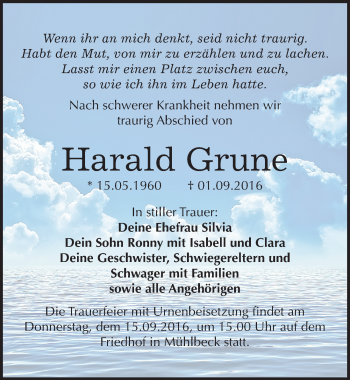 Traueranzeige von Harald Grune von Mitteldeutsche Zeitung Bitterfeld