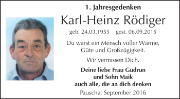 Traueranzeige von Karl-Heinz Rödiger von WVG - Wochenspiegel NMB / WSF / ZTZ