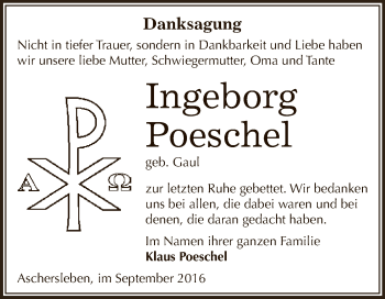 Traueranzeige von Ingeborg Poeschel von Super Sonntag Aschersleben