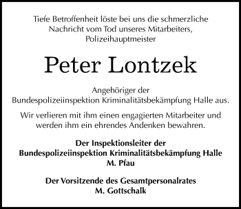 Traueranzeige von Peter Lontzek von Mitteldeutsche Zeitung Mansfelder Land
