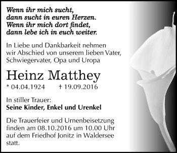 Traueranzeige von Heinz Matthey von Mitteldeutsche Zeitung Dessau-Roßlau