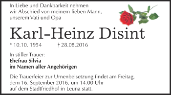 Traueranzeige von Karl Heinz Disint von WVG - Wochenspiegel Merseburg