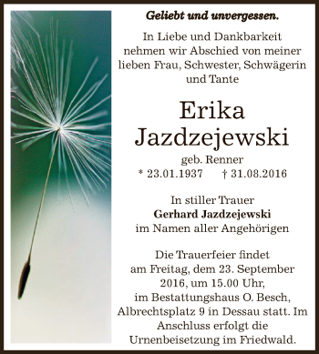 Traueranzeige von Erika Jazdzejewski von WVG - Wochenspiegel Dessau / Köthen