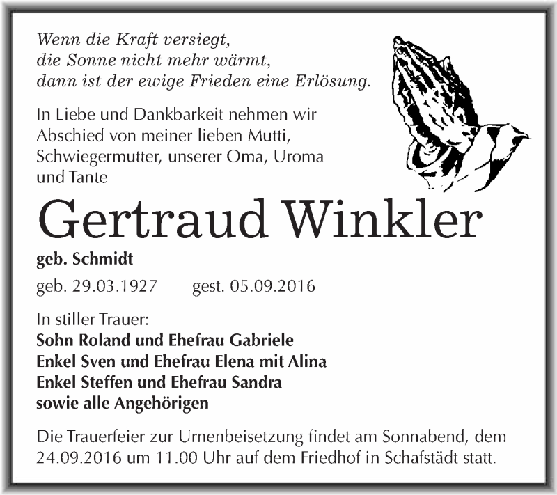  Traueranzeige für Gertraud Winkler vom 17.09.2016 aus WVG - Wochenspiegel Merseburg