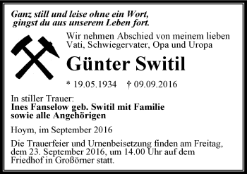 Traueranzeige von Günter Switil von Mitteldeutsche Zeitung Mansfelder Land
