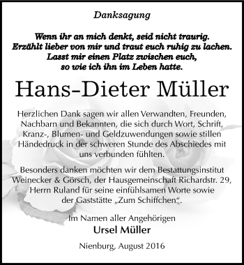 Traueranzeige von Hans-Dieter Müller von Mitteldeutsche Zeitung Bernburg