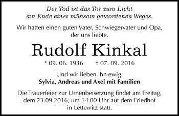 Traueranzeige von Rudolf Kinkal von Mitteldeutsche Zeitung Halle/Saalkreis