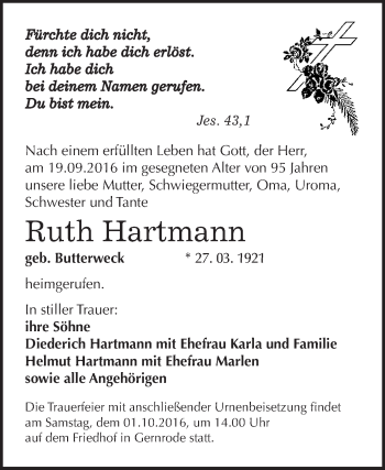 Traueranzeige von Ruth Hartmann von WVG - Wochenspiegel Quedlinburg