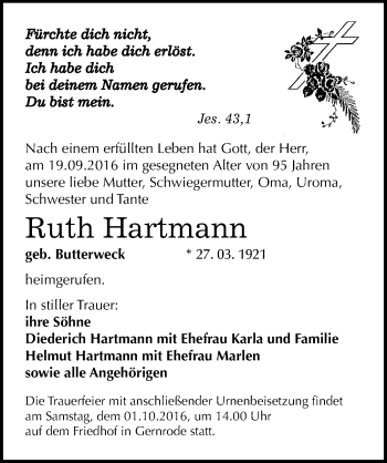 Traueranzeige von Ruth Hartmann von Mitteldeutsche Zeitung Quedlinburg