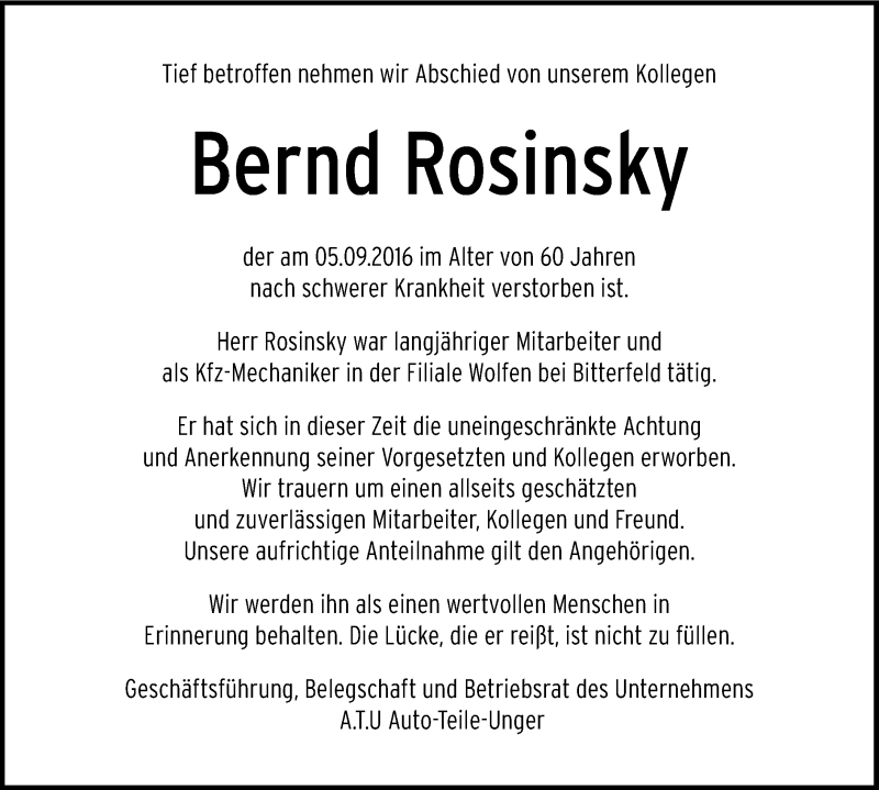  Traueranzeige für Bernd Rosinsky vom 23.09.2016 aus Mitteldeutsche Zeitung Bitterfeld