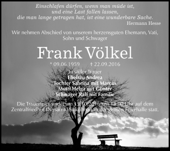 Traueranzeige von Frank Völkel von WVG - Wochenspiegel Dessau / Köthen