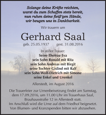 Traueranzeige von Gerhard Saal von Mitteldeutsche Zeitung Naumburg/Nebra
