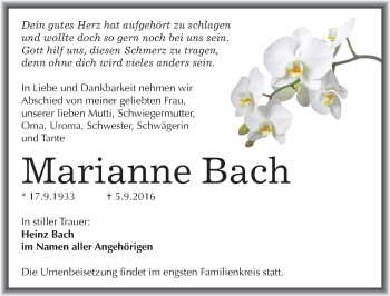 Traueranzeige von Marianne Bach von Mitteldeutsche Zeitung Halle/Saalkreis