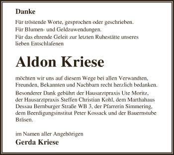 Traueranzeige von Aldon Kriese von WVG - Wochenspiegel Dessau / Köthen