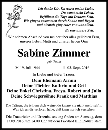 Traueranzeige von Sabine Zimmer von Mitteldeutsche Zeitung Dessau-Roßlau
