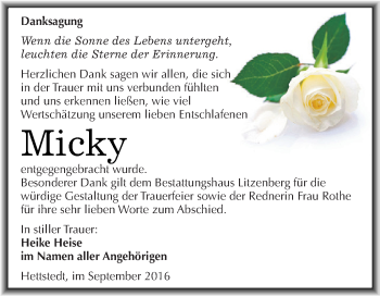 Traueranzeige von Micky  von Super Sonntag SGH Mansf. Land